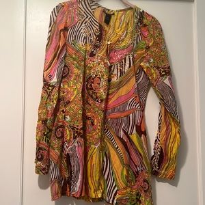 Lucky Brand Multi Color Mixed Print Blouse/Tunic Embroidered.
